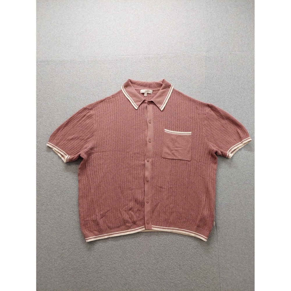 Standard Cloth Men Polo Shirt L Pink White‎ Striped Short Sleeve Button Front